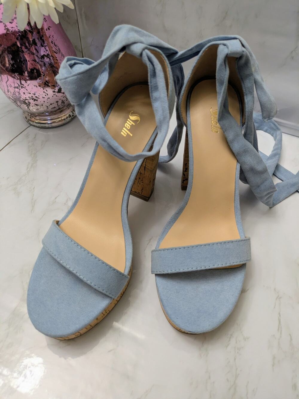 SHEIN - Light Blue Faux Suede Cork Platform Block Heel Ankle Tie Sandals - Sz 6